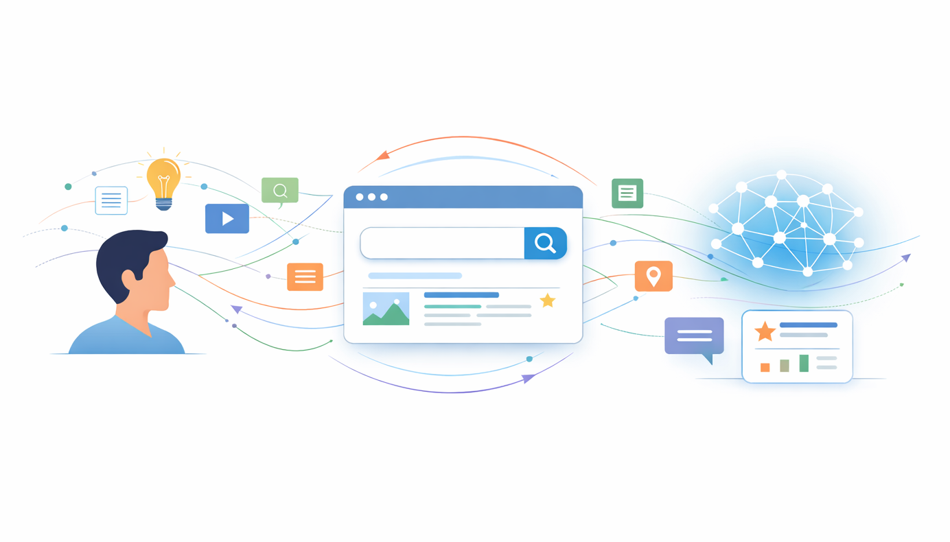 Ilustración del método IAO mostrando cómo el usuario, el contenido web y la inteligencia artificial se conectan para crear información estructurada y comprensible