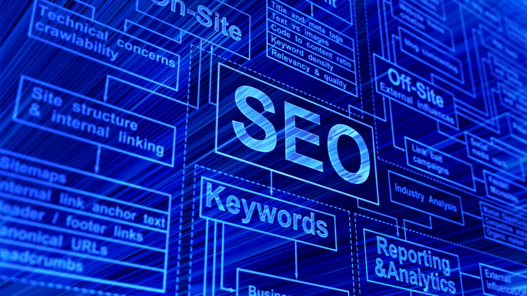 historia del concepto iao: diagrama de conceptos de SEO como keywords, enlaces y estructura web que muestra la complejidad del posicionamiento en buscadores